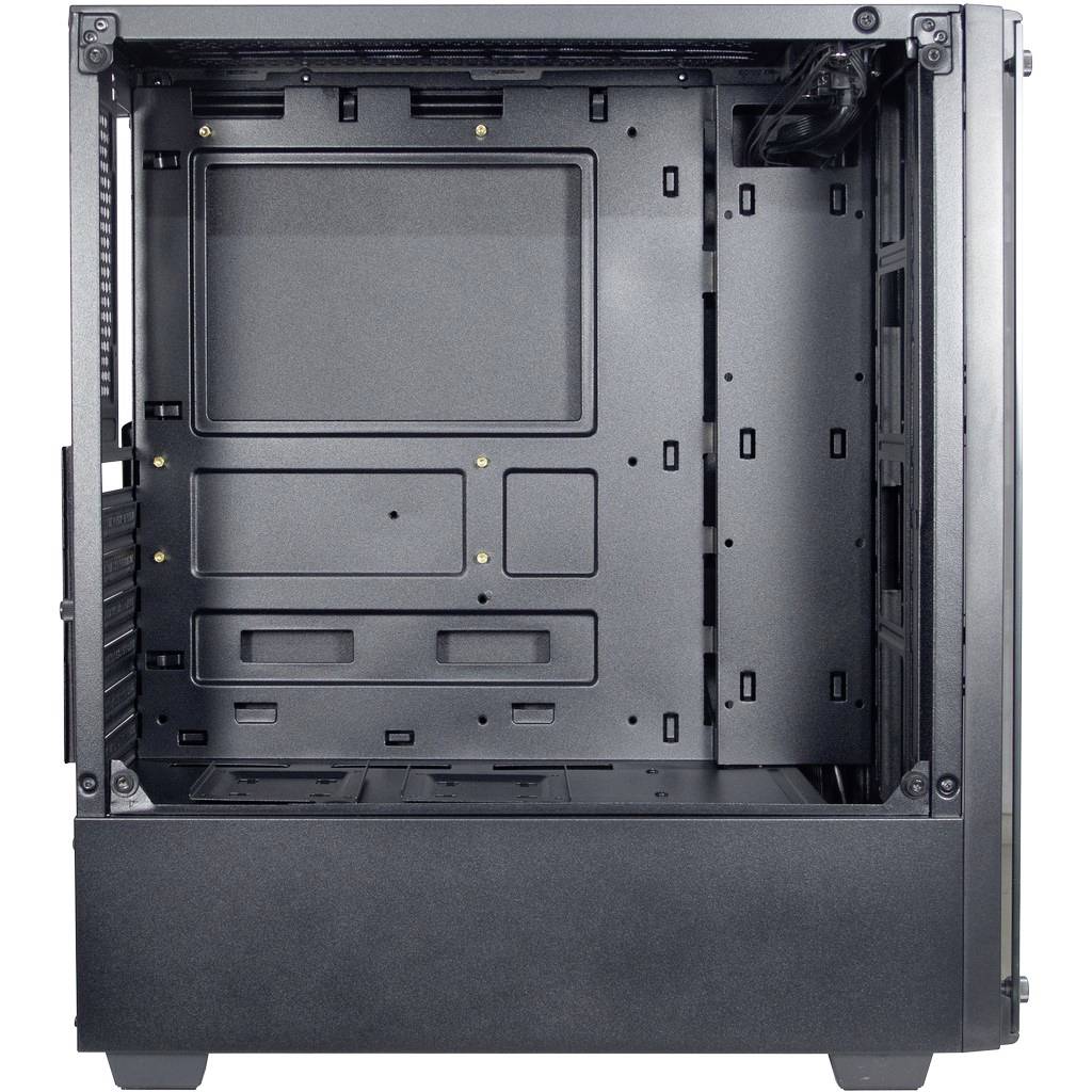 Prázdný počítačový case, černý, s otevřenými stranami. Viditelné sloty a montážní otvory. Připravený pro instalaci hardwaru.