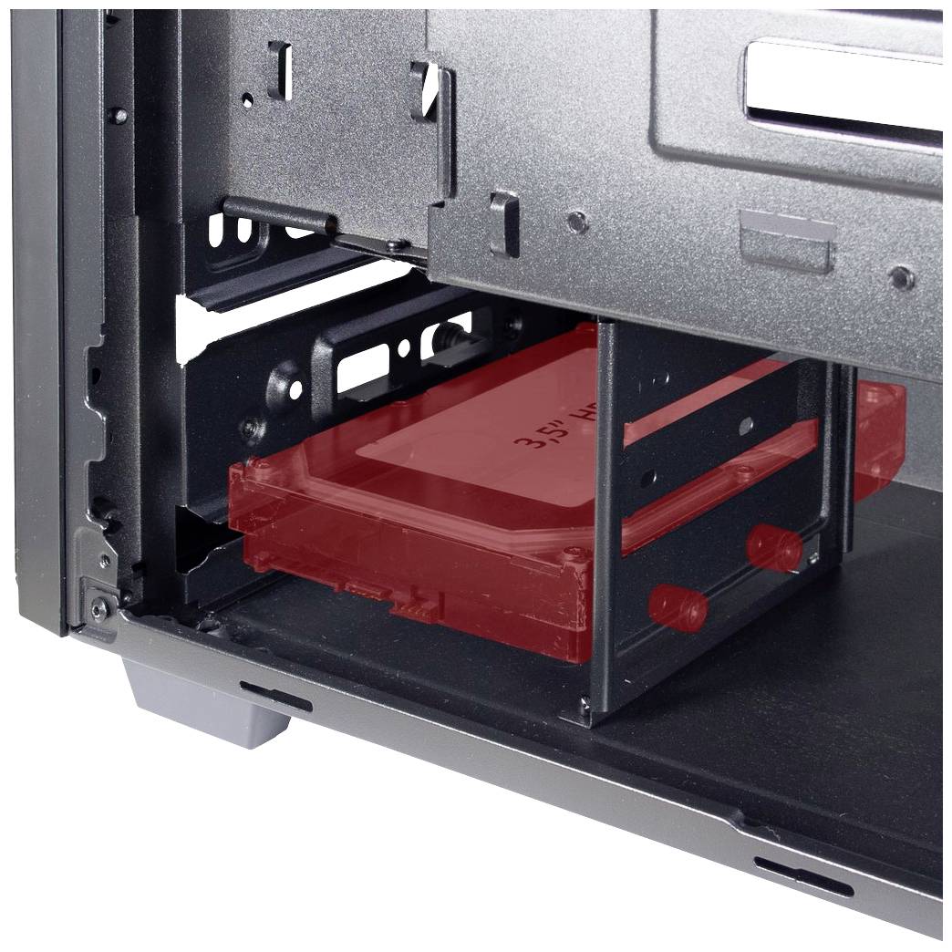 Počítačová skříň s integrovanou červenou 3,5palcovou pozicí pro pevný disk.