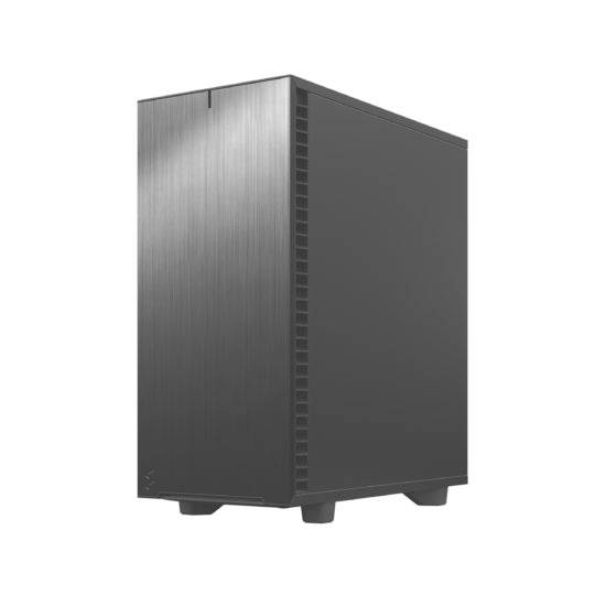 Černá počítačová skříň s minimalistickým designem stojí před bílým pozadím.