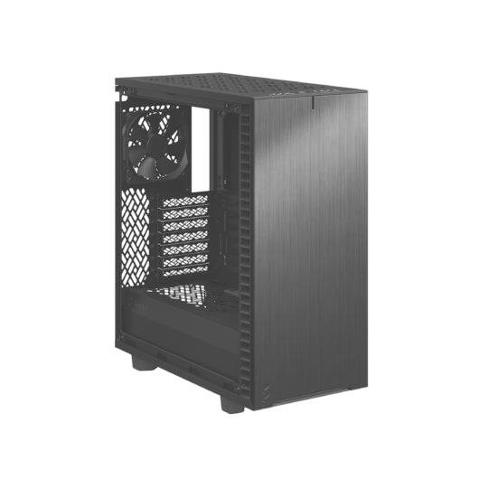 Černá počítačová skříň s bočním ventilátorem, otevřeným vnitřním prostorem pro instalaci komponent a čistým designem.