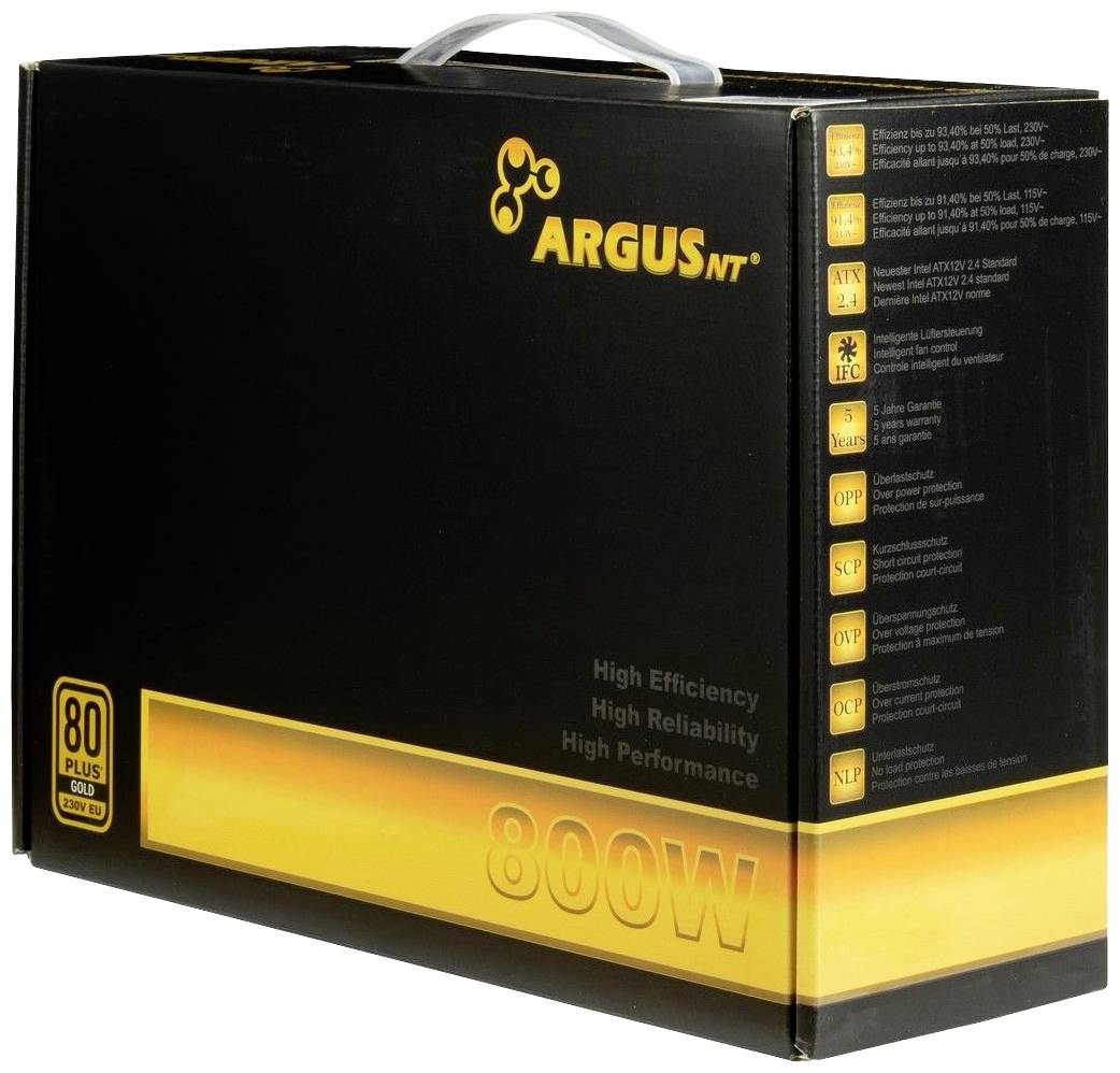 Černá krabice napájecího zdroje s nápisem 'ARGUS' a '800W'. Zvýrazněné vlastnosti: vysoká účinnost, spolehlivost, výkon.