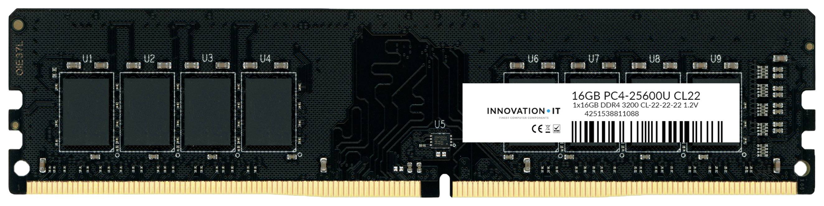 16GB paměťová karta RAM PC4-25600U CL22 s černou deskou plošných spojů a několika paměťovými čipy.