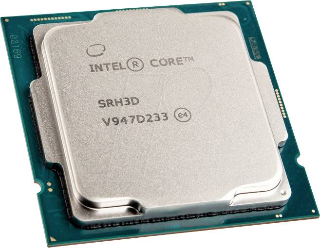 Mikroprocesor Intel Core série bez viditelného chladicího zařízení, namontovaný na desce plošných spojů.
