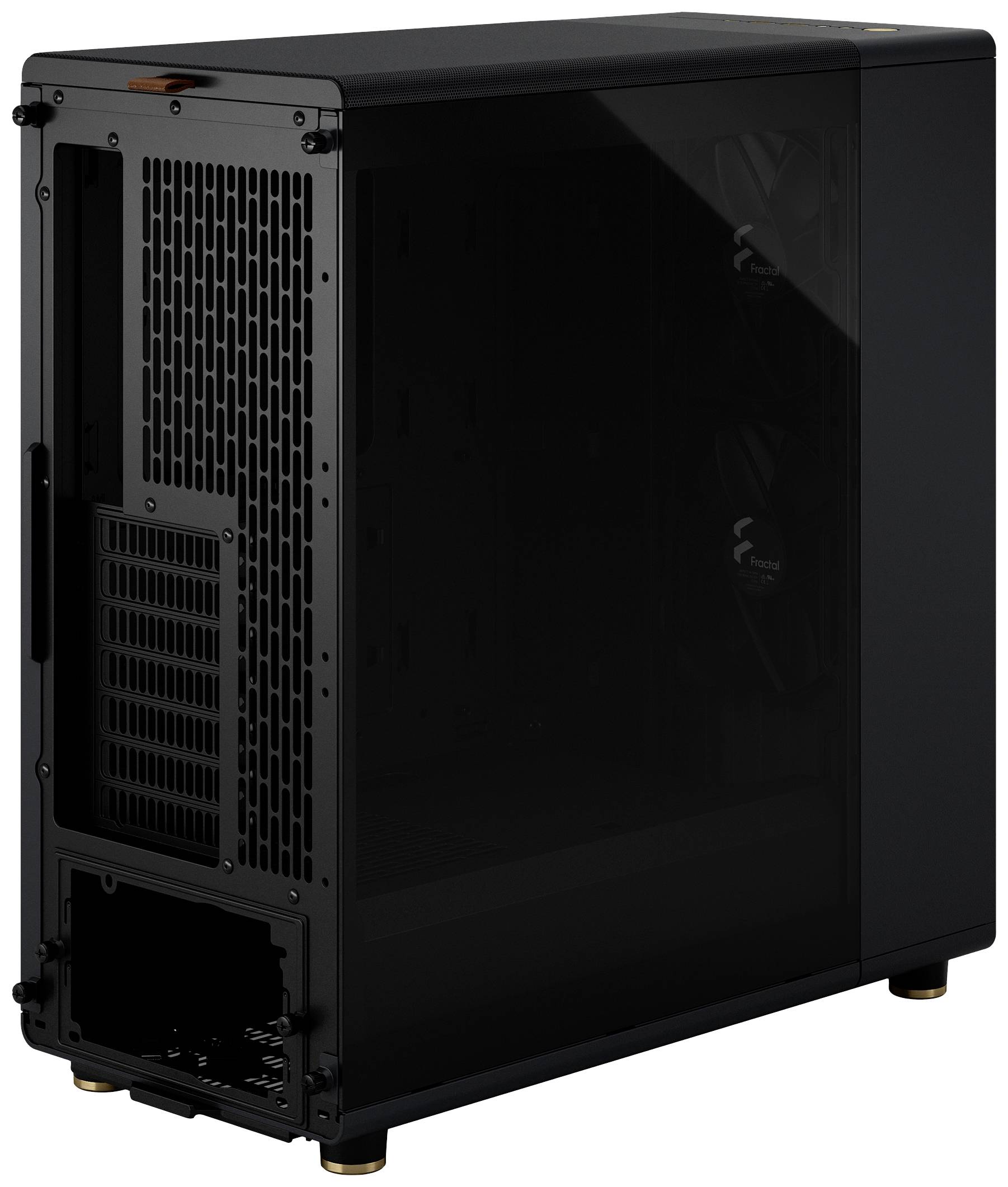 Černá počítačová skříň s bočním skleněným oknem odhalující vnitřní ventilátory. Žádný viditelný hardware není namontován.