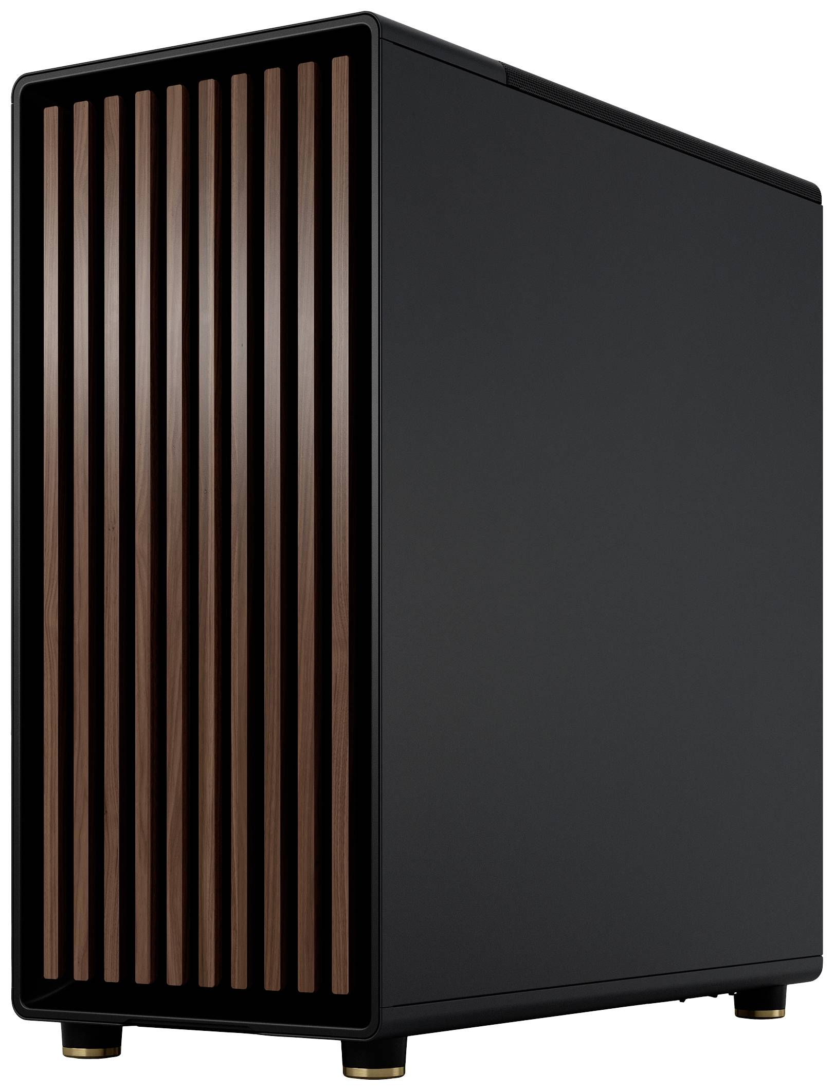 Černá počítačová skříň s vertikálními dřevěnými lamelami na přední straně. Minimalistický design se zaoblenými hranami.