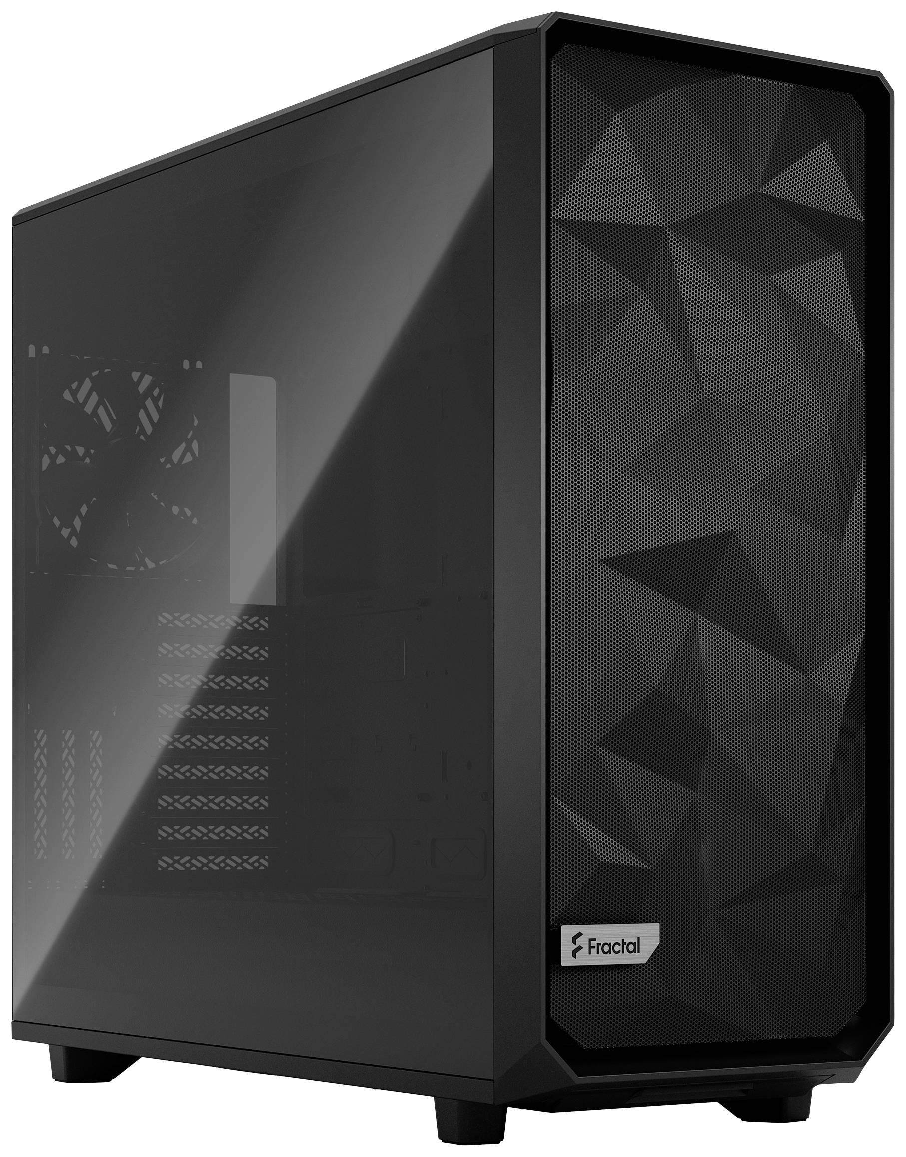 Černá počítačová skříň s geometrickým předním designem a průhledným bočním panelem, vhodná pro montáž PC.