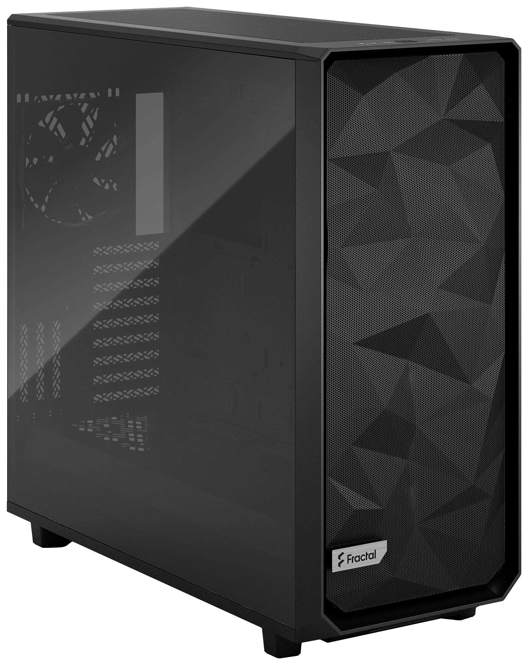 Černá počítačová skříň Fractal s trojrozměrným předním vzorem a průhledným bočním oknem.