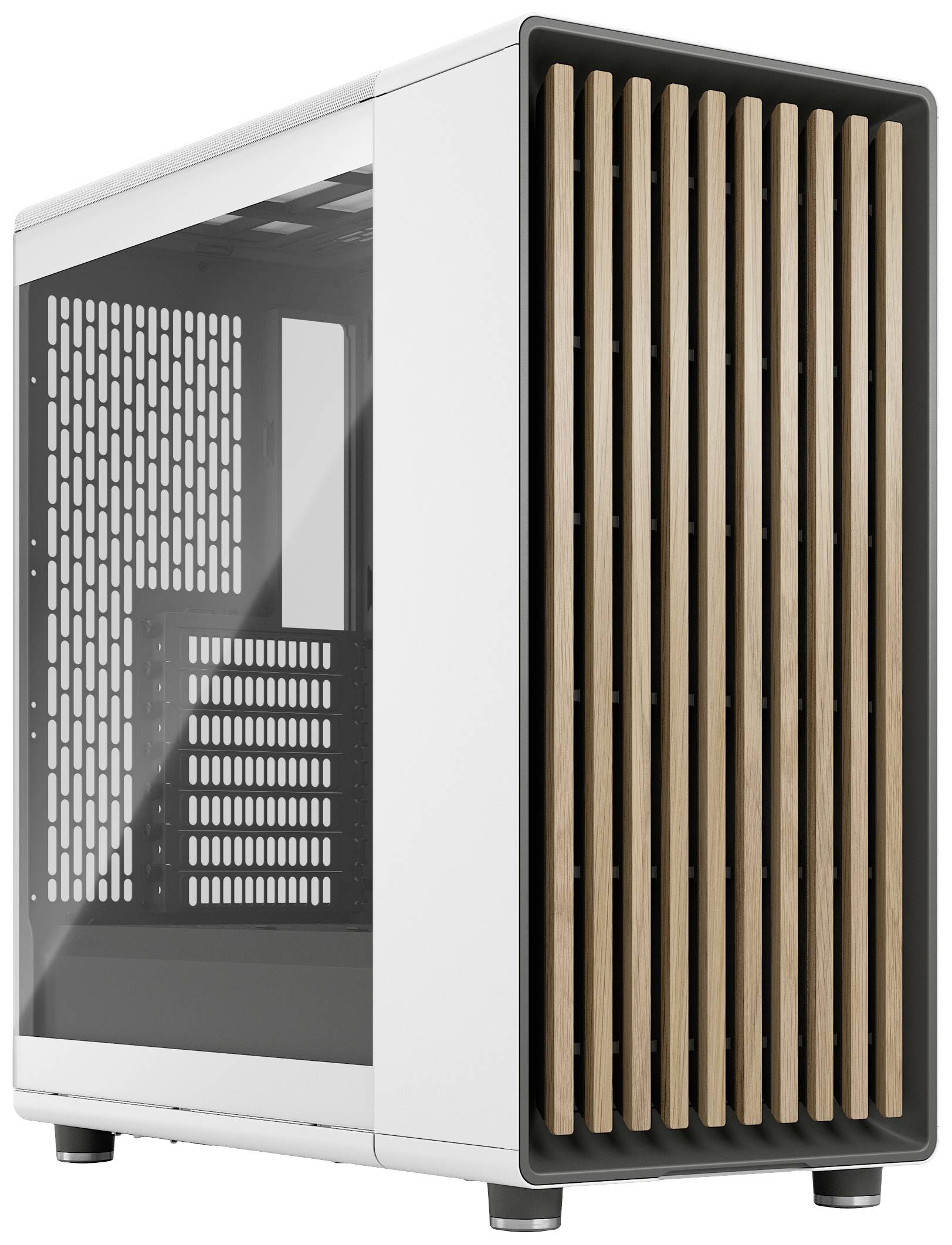 Bílá počítačová skříň s průhlednou boční stranou a dřevěnými lamelami vpředu, stojící na povrchu. Působí moderně a minimalisticky.