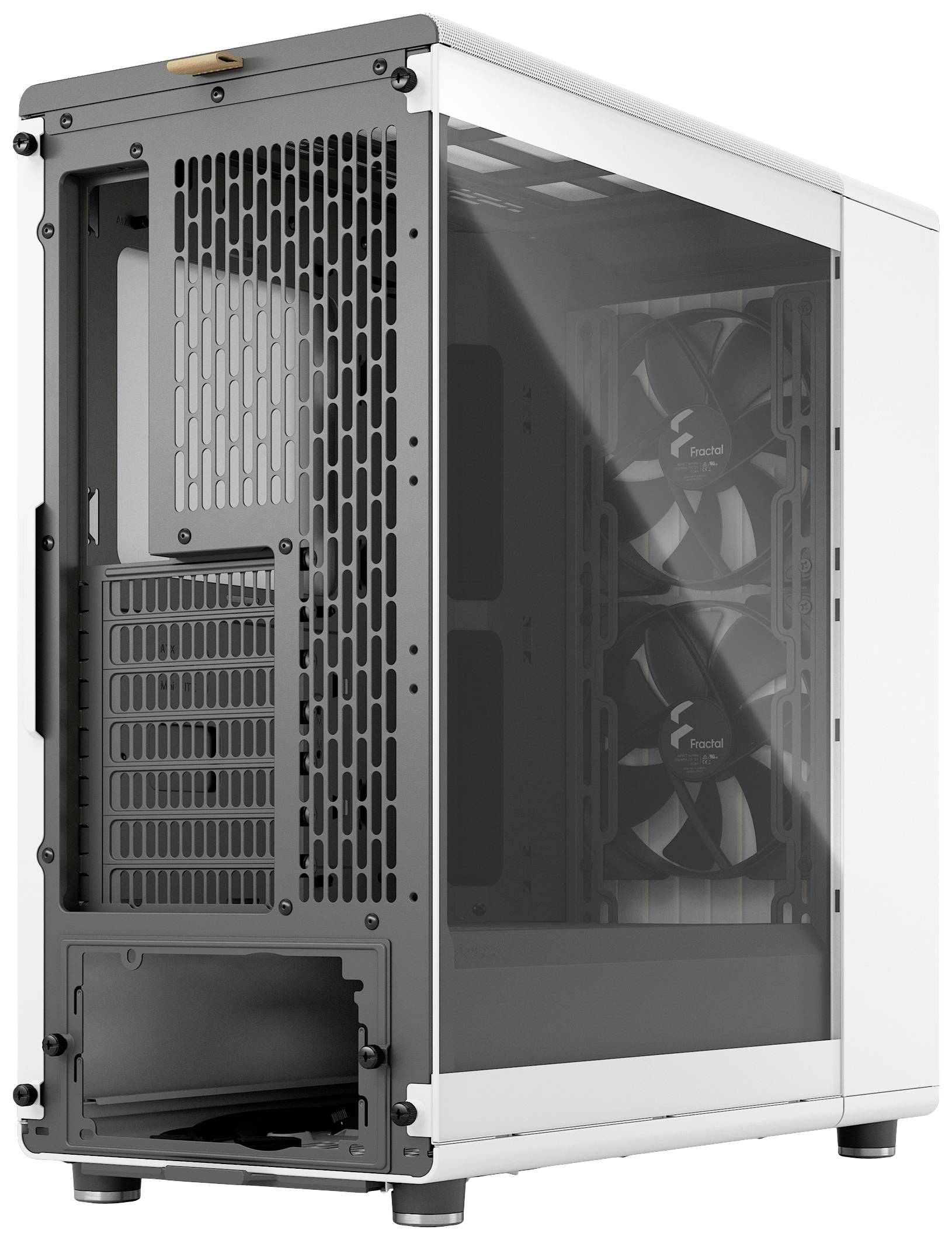 Bílý počítačový case s průhledným bočním panelem ukazuje dva vestavěné ventilátory. Je prázdný, připravený na počítačové komponenty.