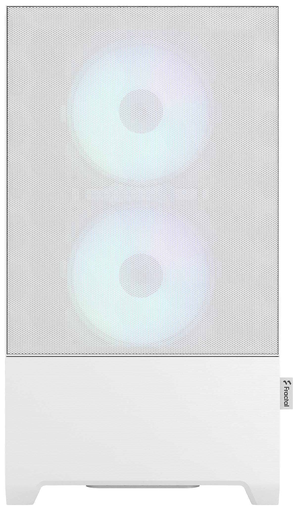 Počítačová skříň v bílé barvě se dvěma viditelnými, svítícími ventilátory za mřížkovou přední stranou. Firemní text 'Fractal' v pravém dolním rohu.