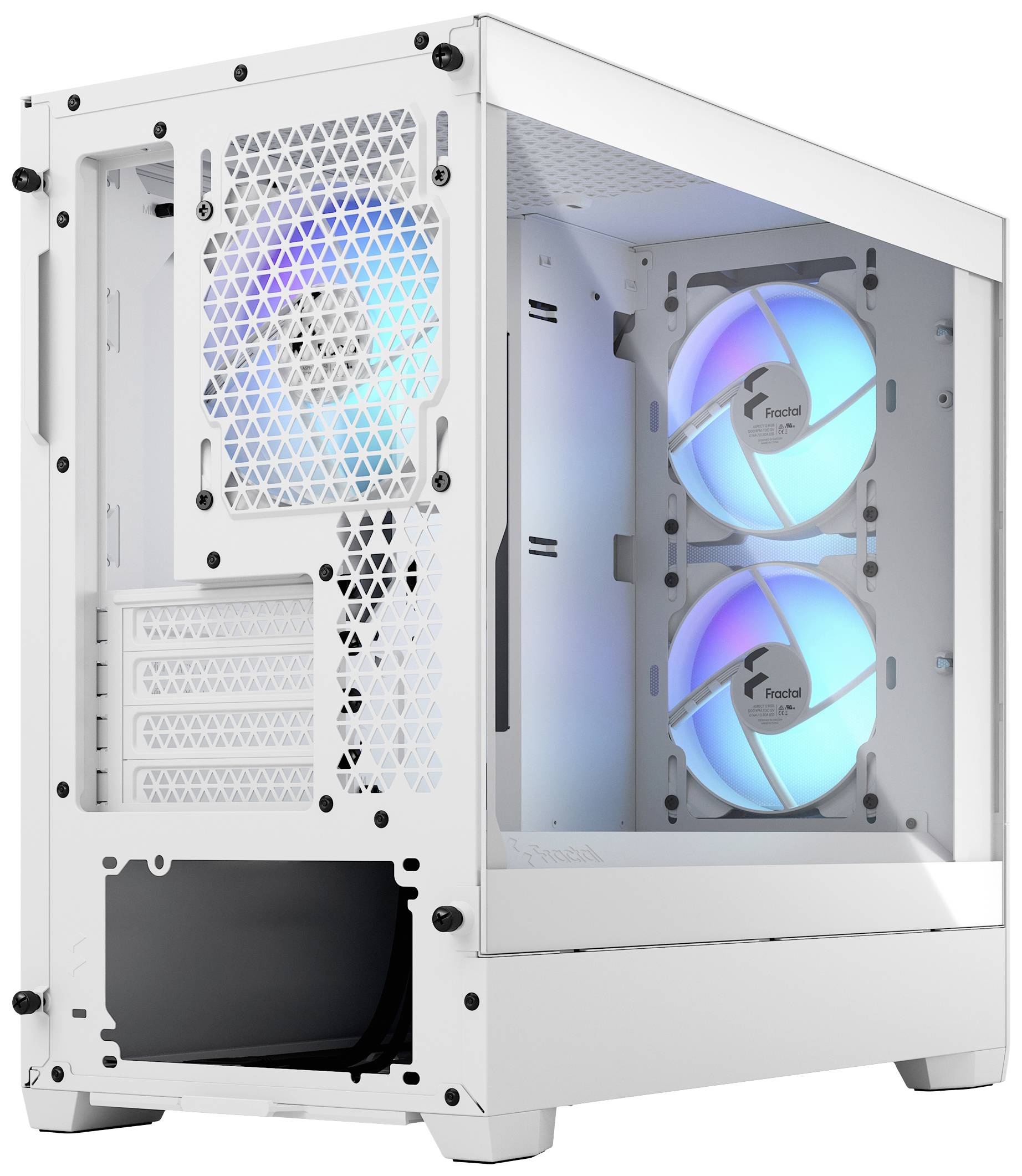 Bílý počítačový case s bočním průhledným oknem. Dva zářící ventilátory vpředu, další vzadu. Moderní design.