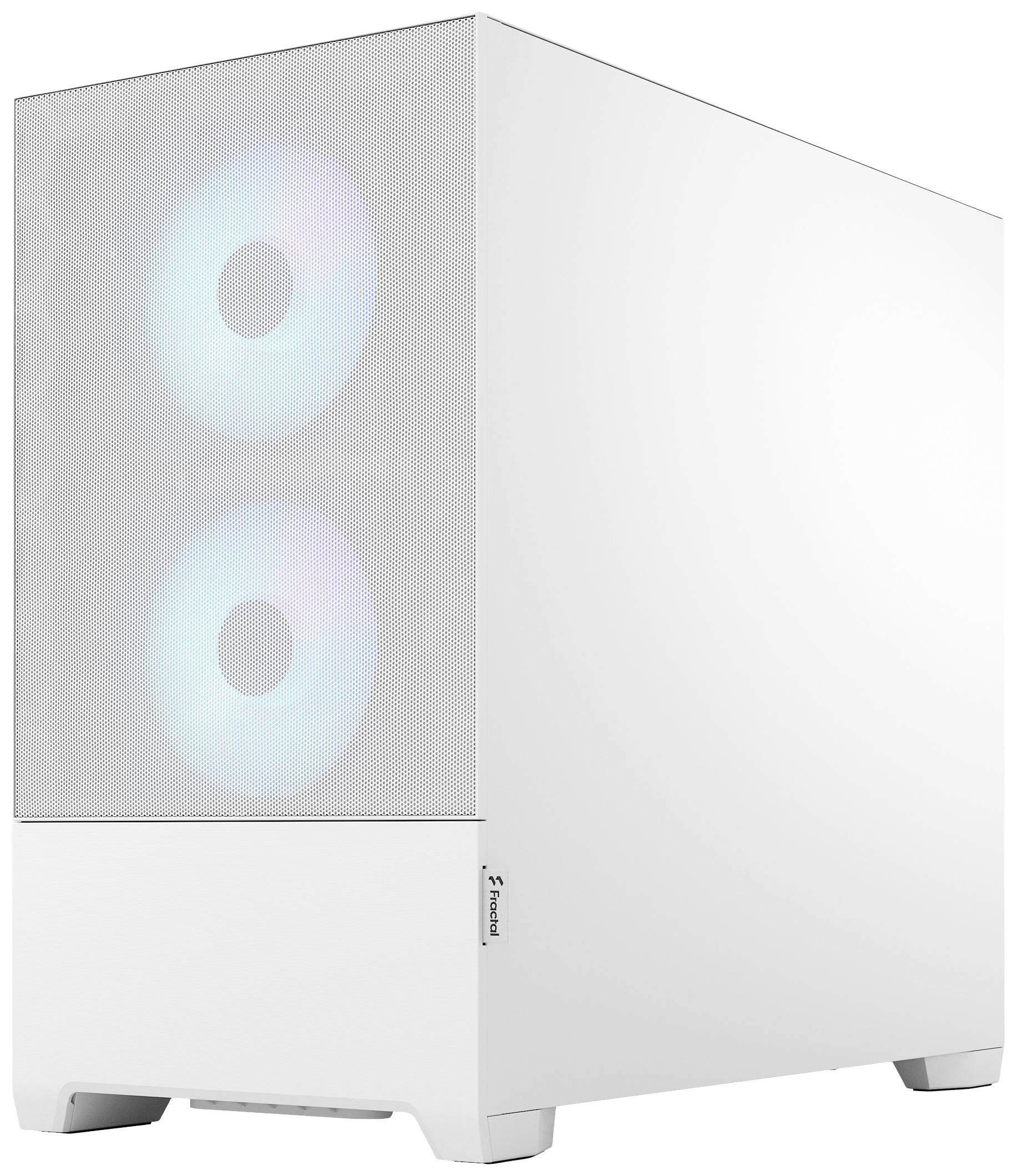 Bílá počítačová skříň se dvěma osvětlenými ventilátory na přední straně. Minimalistický design, kompaktní a moderní.