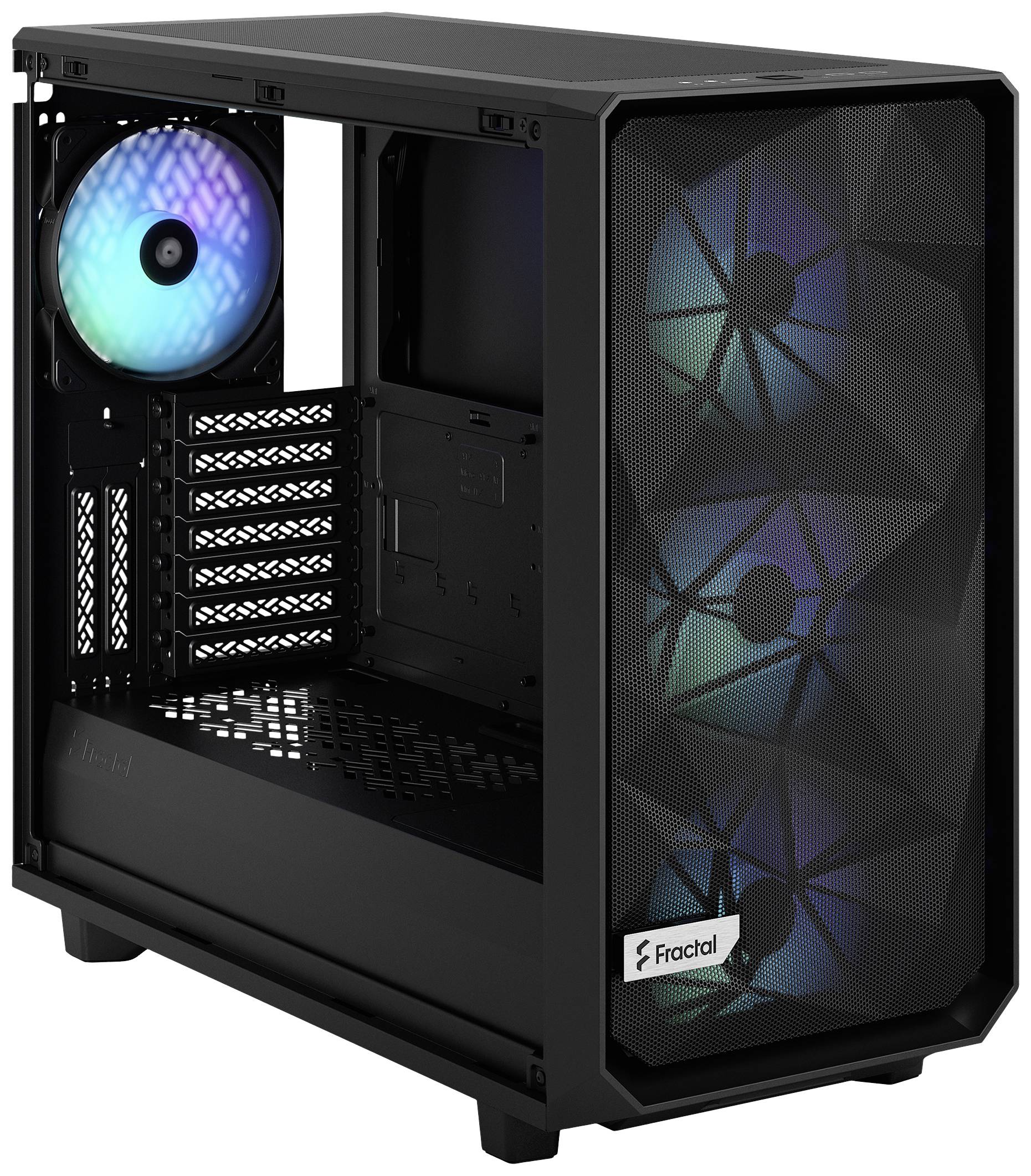 Černá počítačová skříň s viditelnými ventilátory. Dva velké přední ventilátory a menší ventilátor vzadu, všechny s RGB podsvícením.