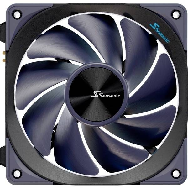 Počítačový ventilátor značky Seasonic v černé a šedé barvě, zobrazený zepředu, ukazuje patnáct velkých lamel a logo uprostřed.