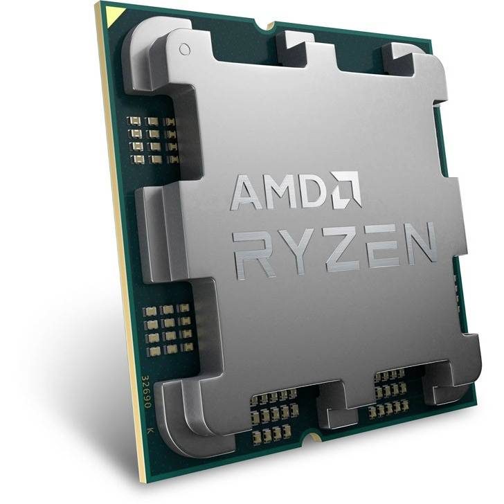 Procesorový čip s nápisem 'AMD Ryzen', stříbrný povrch, obdélníkový tvar, elektronické kontakty po stranách.