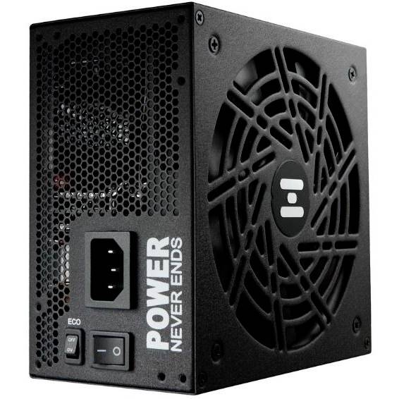 Černý počítačový zdroj s ventilátorem a nápisem 'POWER NEVER ENDS'. Obsahuje konektory a vypínač Eco.