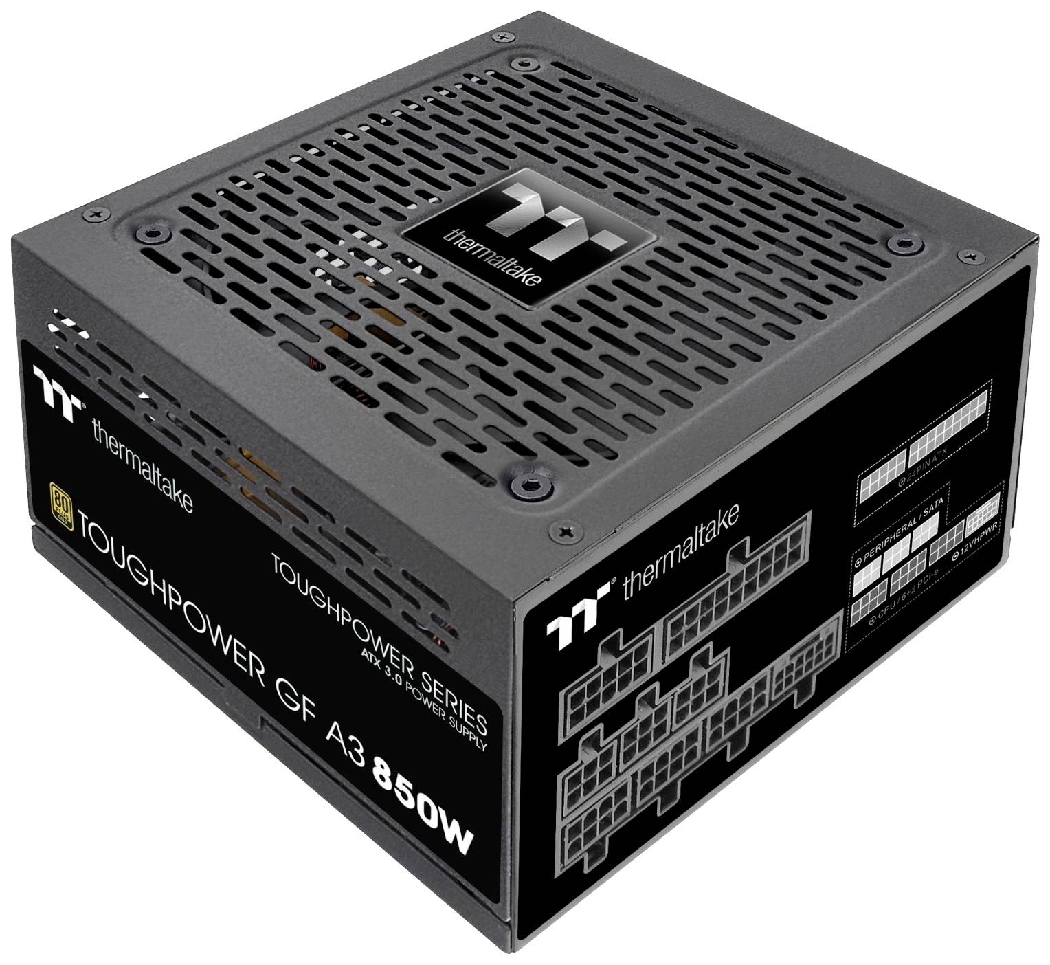 Černý PC napájecí zdroj 'Thermaltake Toughpower GF A3 850W' s větracími otvory a konektory, vhodný pro výkonné počítače.