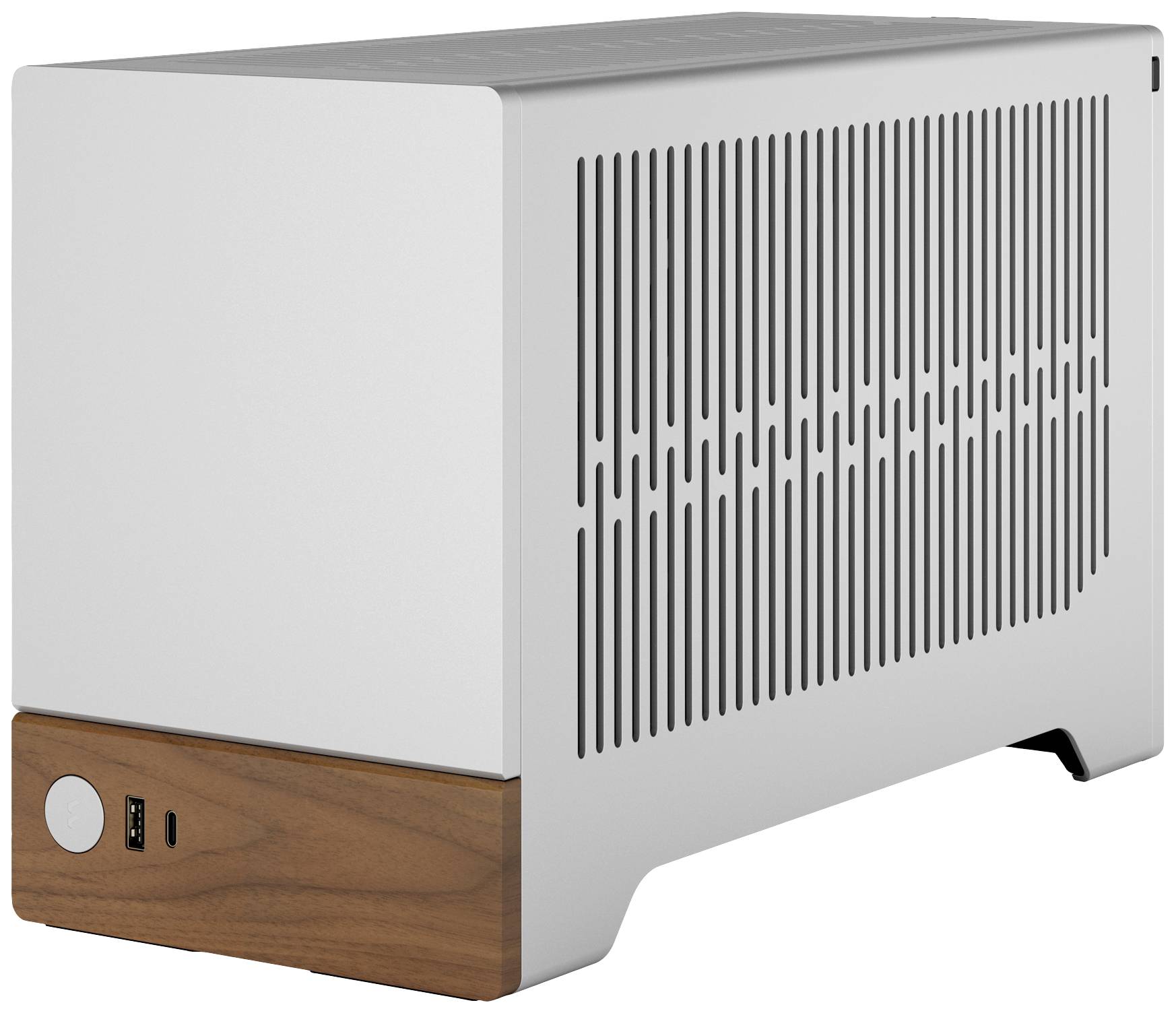 Kovová počítačová skříň s dřevěnými detaily; moderní, minimalistický design.