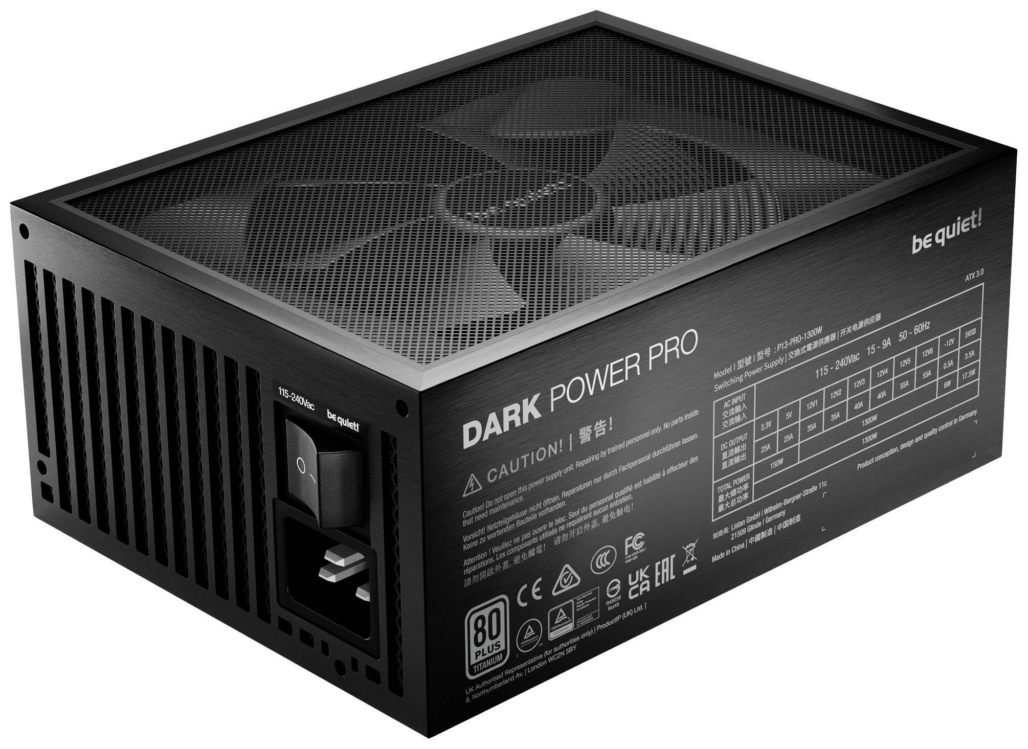 Napájecí zdroj 'Dark Power Pro' od Be Quiet! v černé barvě, s ventilátorem a konektory. Certifikován pro energetickou úspornost podle standardu 80 Plus.