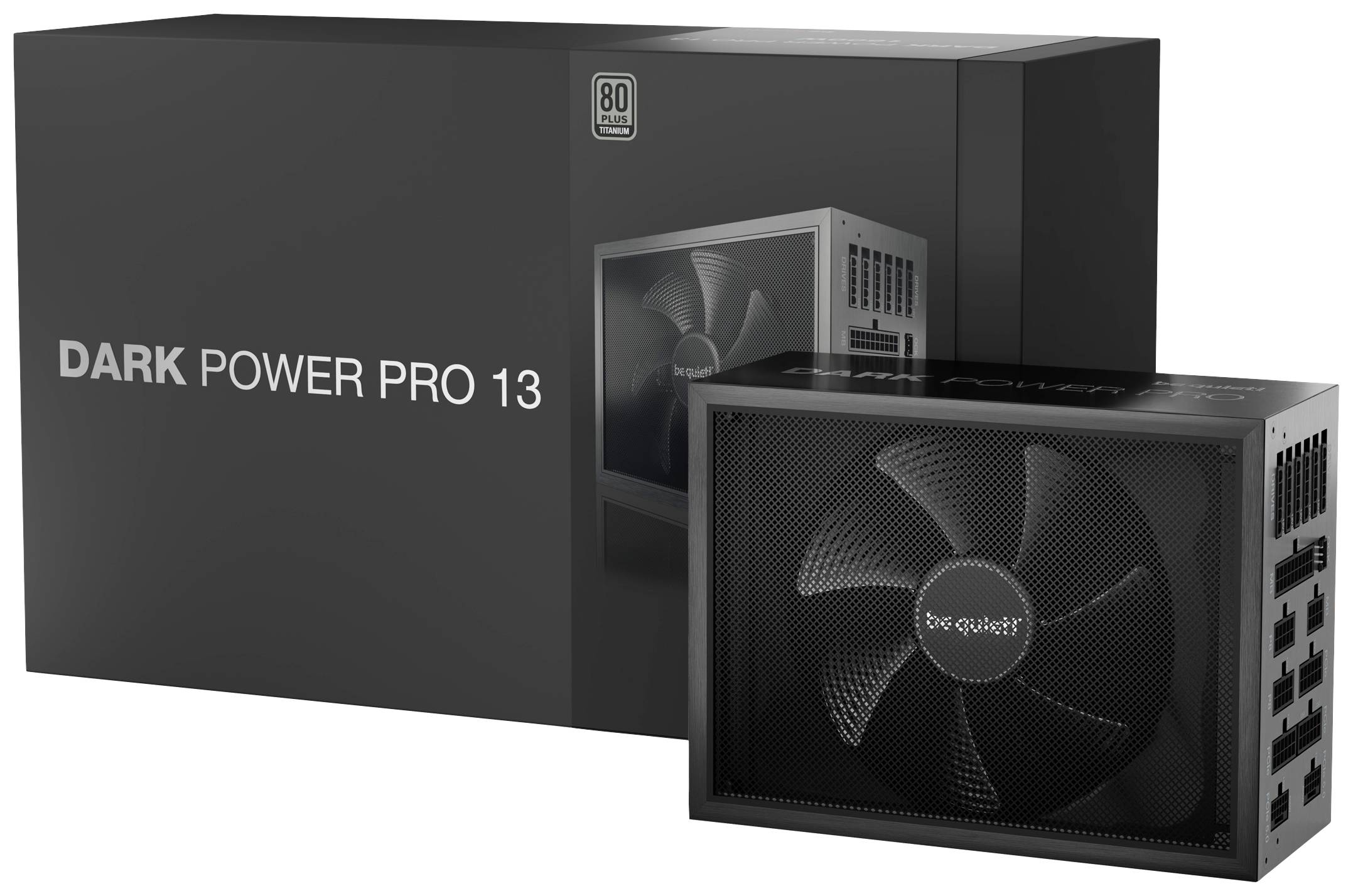 Síťový zdroj 'Dark Power Pro 13' od be quiet! před svým obalem, s velkým ventilátorem a několika konektory viditelný.