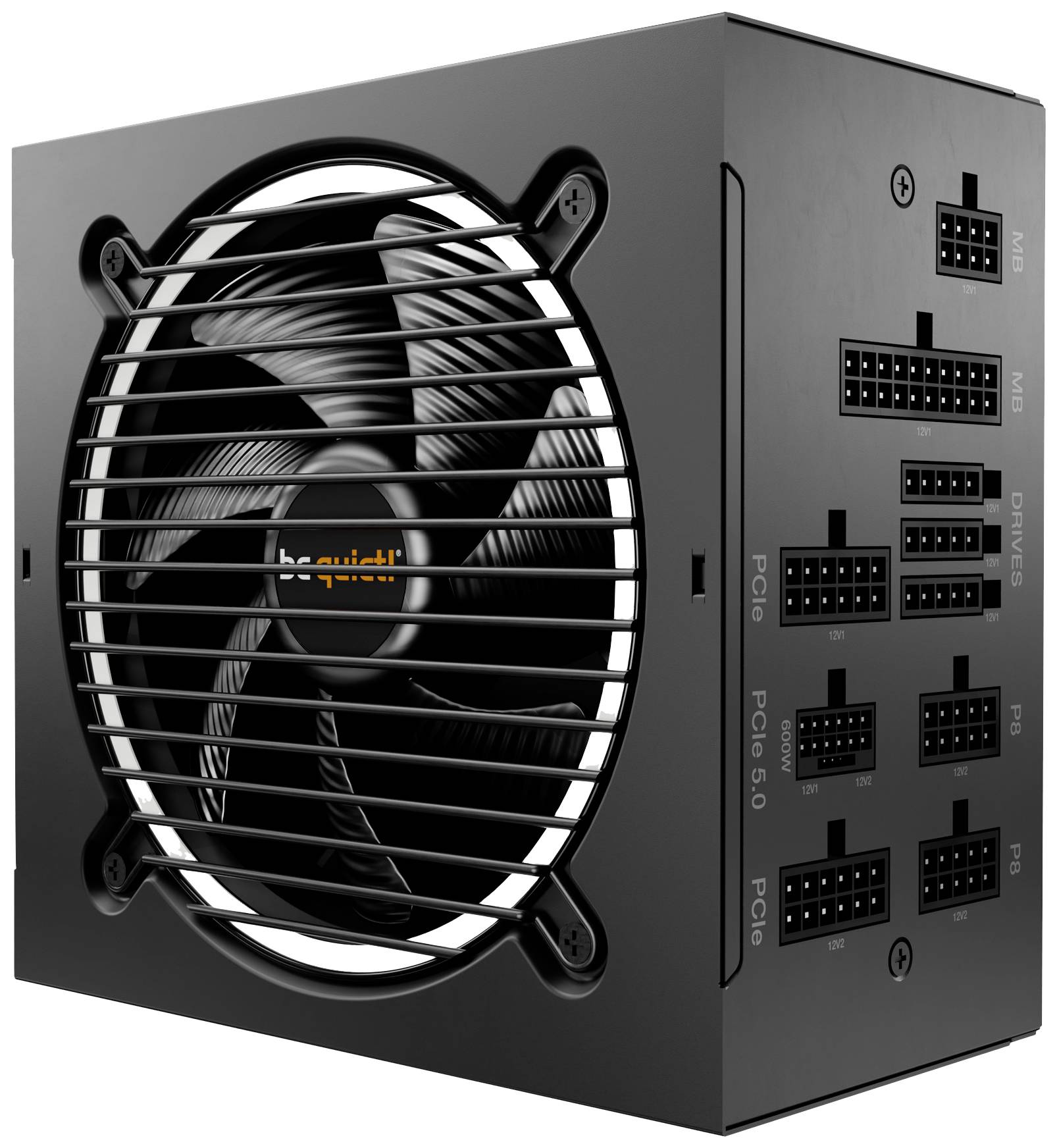 Černý počítačový zdroj značky 'be quiet!' s několika připojovacími možnostmi. Je viditelný velký ventilátor.