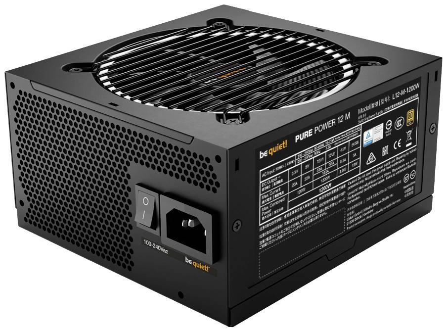 Černý PC zdroj 'be quiet! Pure Power 12 M' s ventilátorem a početnými konektory. Popis ukazuje technické specifikace.