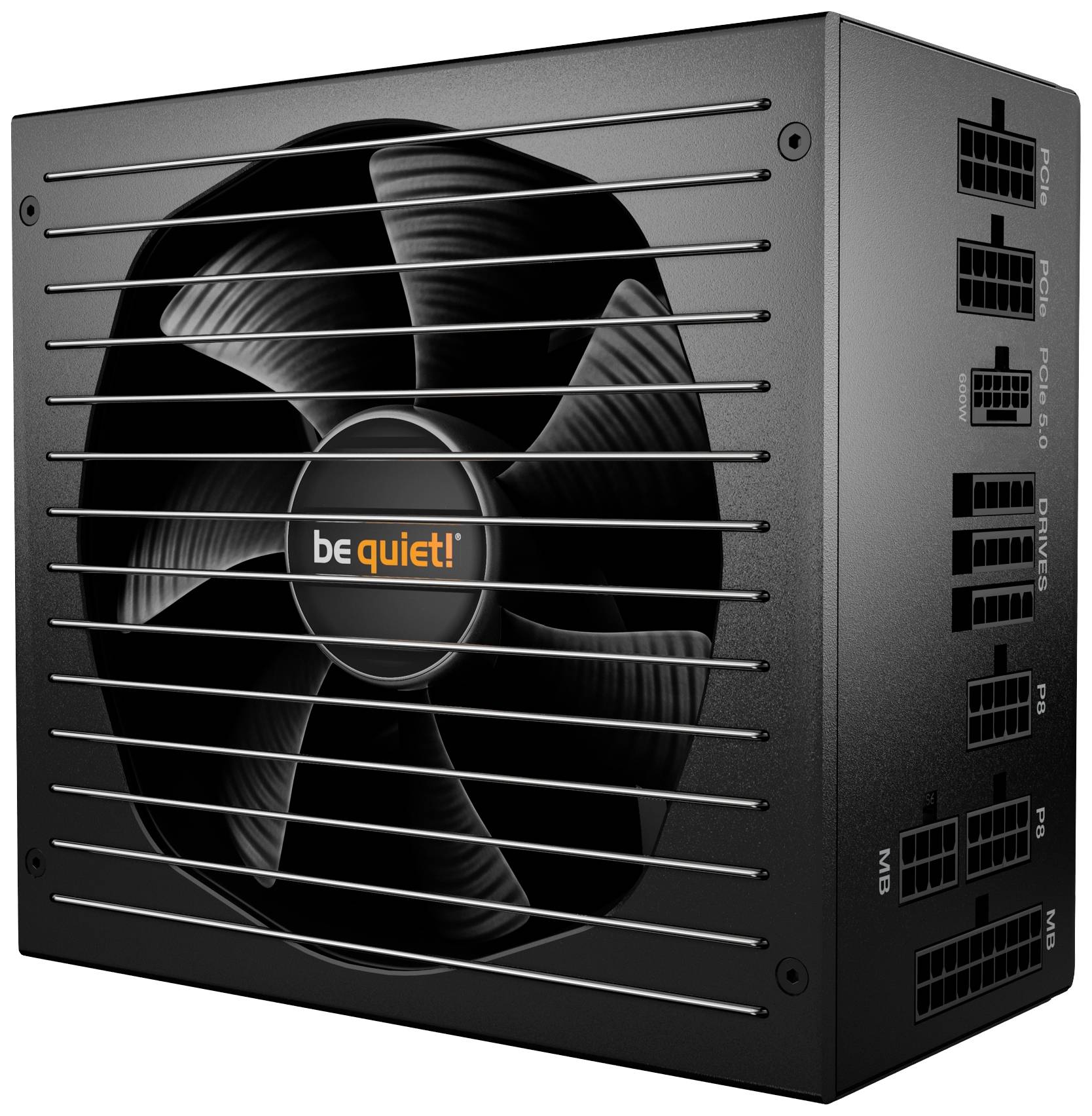 Černý počítačový zdroj značky 'be quiet!' s mřížkou ventilátoru a několika konektory pro různé typy kabelů na straně.