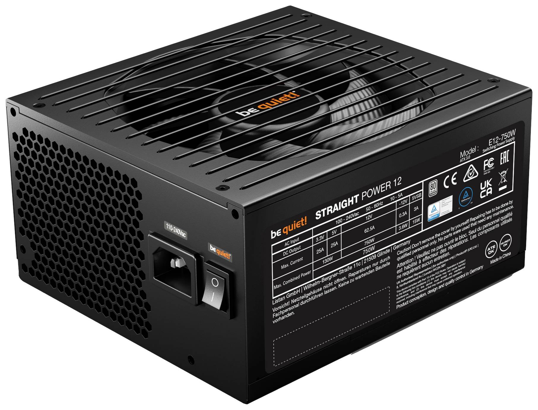'Be Quiet! Straight Power 12 E ATX 750W Napájecí zdroj' zobrazuje černý napájecí zdroj s mřížkou ventilátoru a technickými specifikacemi na straně.