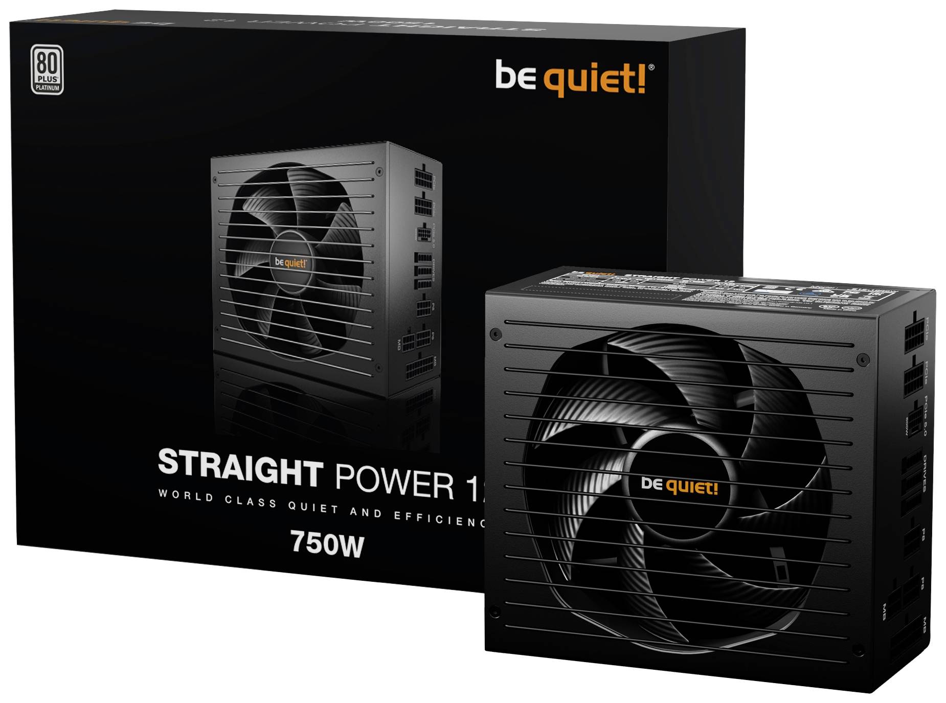 Napájecí zdroj 'be quiet! Straight Power 11', 750W, tichý a efektivní. Zobrazen v obalu s viditelným pohledem na produkt.