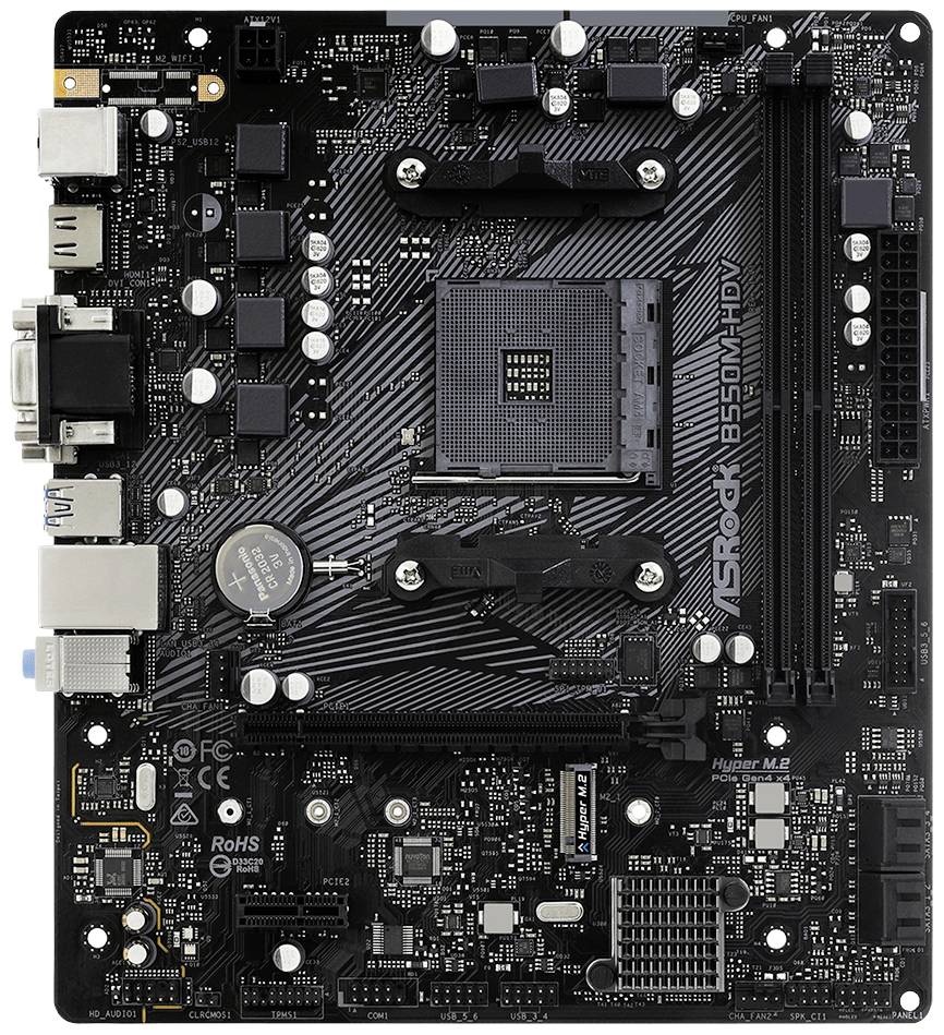 Počítačová základní deska s černou deskou plošných spojů, různými rozhraními a komponenty. Zřetelně viditelný je nápis 'ASRock B550M-HDV'.
