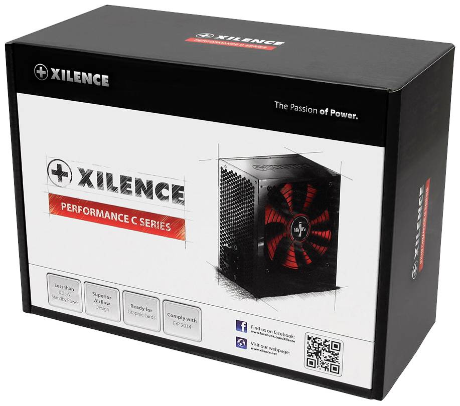Černý karton s logem XILENCE a červeným textem 'PERFORMANCE C SERIES'. Obrázek napájecího zdroje s červeným ventilátorem vpředu.