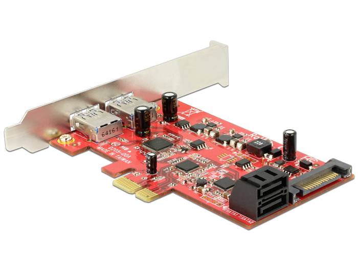 Červená PCIe karta s USB a SATA porty, používaná k rozšíření počítače o další připojovací možnosti.