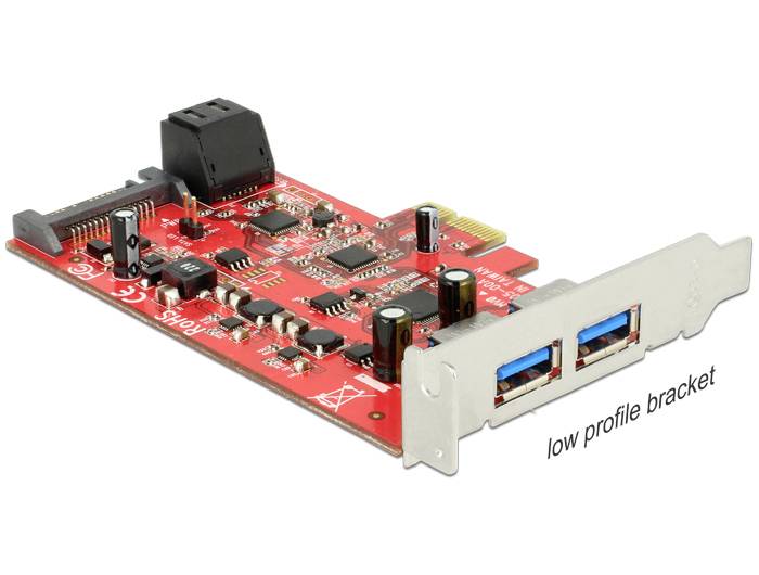 Červená PCIe karta se dvěma USB 3.0 porty a nízkoprofilovým kovovým držákem, vhodná pro počítačové skříně s nízkou výškou.
