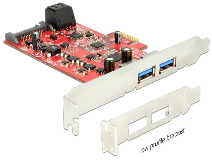 Červená rozšiřující karta PCIe se dvěma USB 3.0 porty a dodatečným držákem pro nízký profil určeným pro menší skříně.