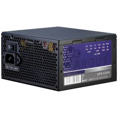 Černý počítačový zdroj s nápisem 'ARGUS APS-520W', který poskytuje napětí 12V, 3,3V a 5V.