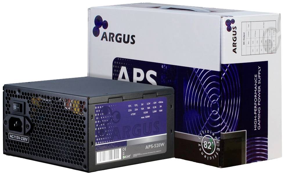 Napájecí jednotka Argus APS-520W před zabalením. Obdélníkový kryt s větracími otvory a elektrickými přípojkami.