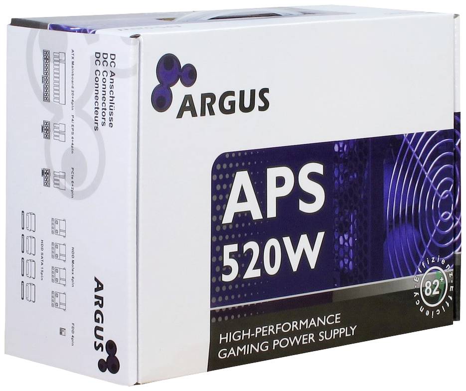 Krabice s nápisem 'ARGUS APS 520W' zobrazuje vysoce výkonný herní napájecí zdroj. Obsahuje symboly pro připojení a účinnost.