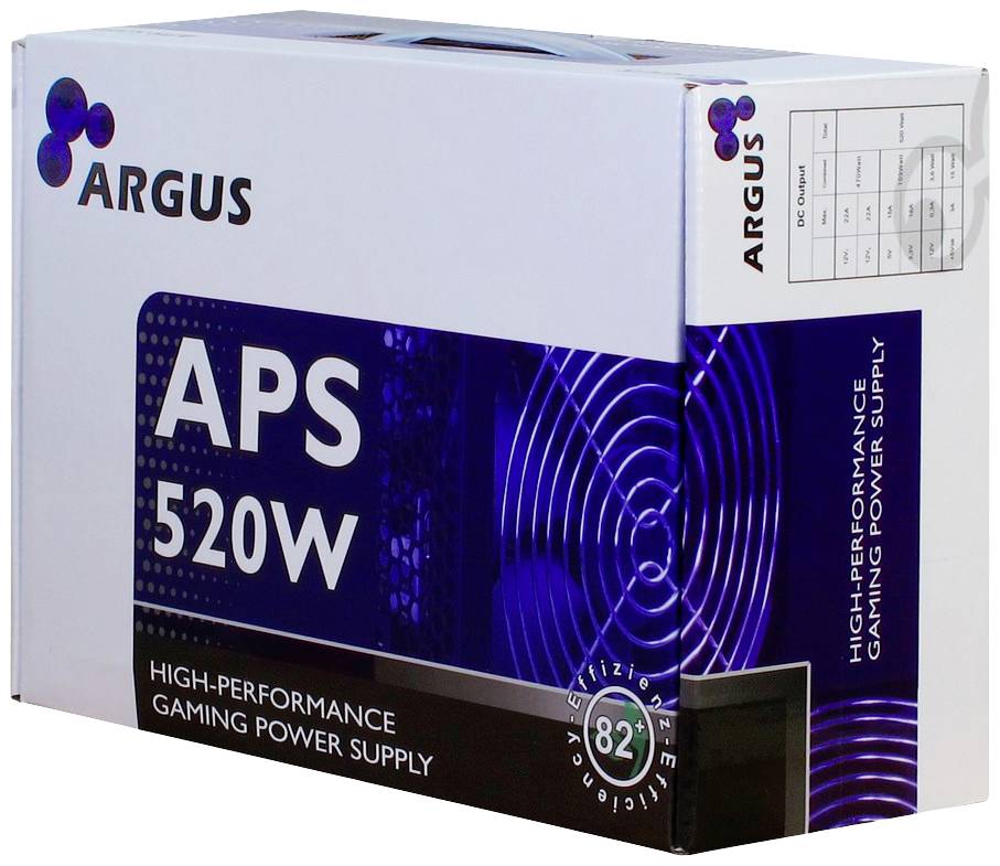 Obal pro 520W napájecí zdroj značky Argus, označený jako 'Vysoce výkonný herní napájecí zdroj' s 82% účinností.