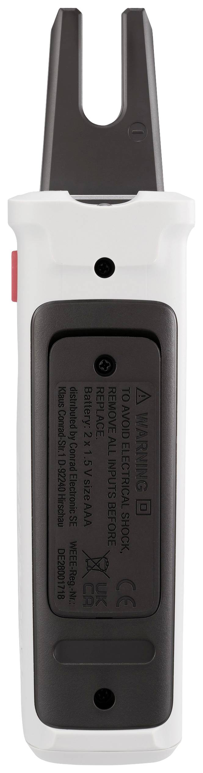 Elektronické zařízení s vidlicovou koncovkou a černou ovládací oblastí. Má bezpečnostní a elektrické štítky.