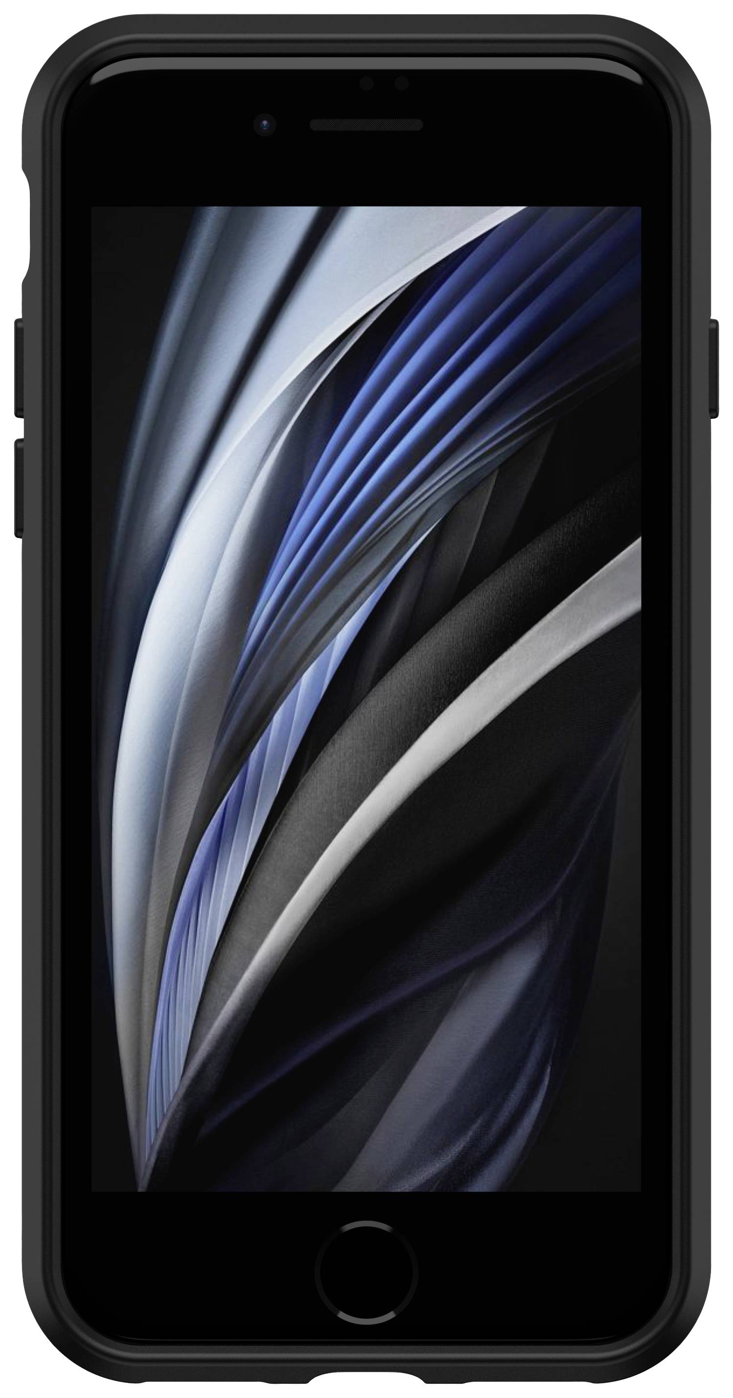 Černý smartphone s abstraktním pozadím obrazovky v modro-černých tónech.