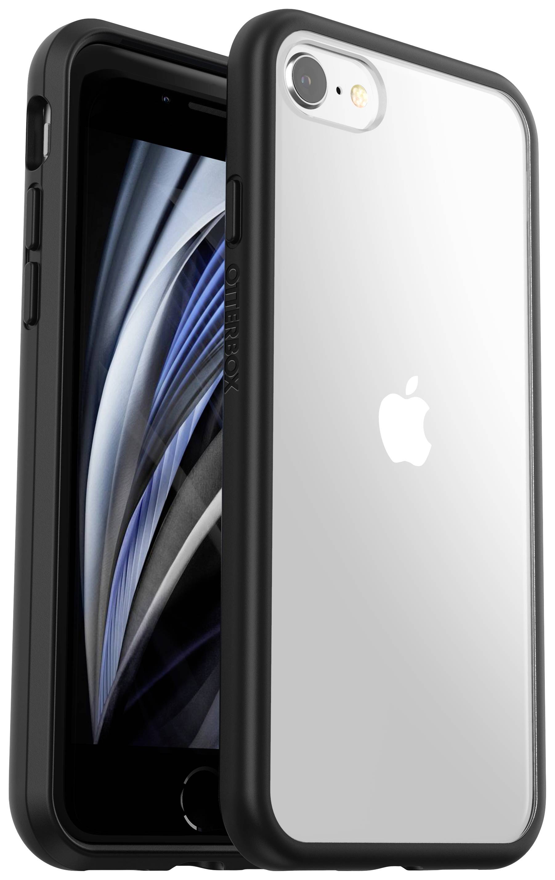 Chytrý telefon s černým pouzdrem ukazuje obrazovku na levé straně. Logo Apple je viditelné na zadní straně zařízení.
