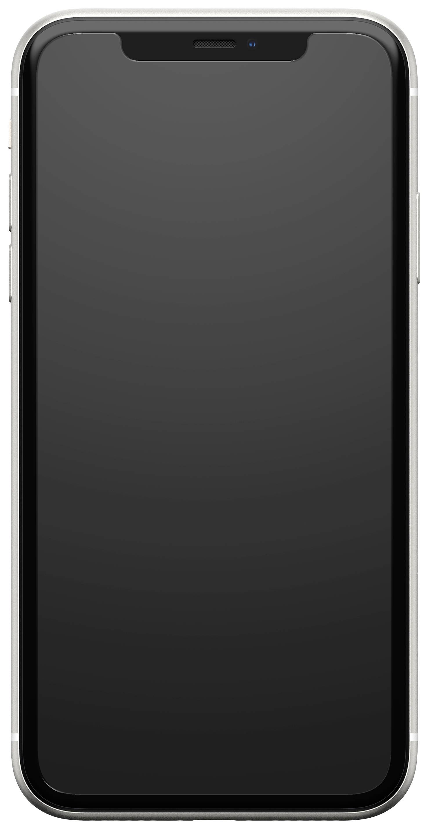 Smartphone s černou obrazovkou, pohled zepředu.