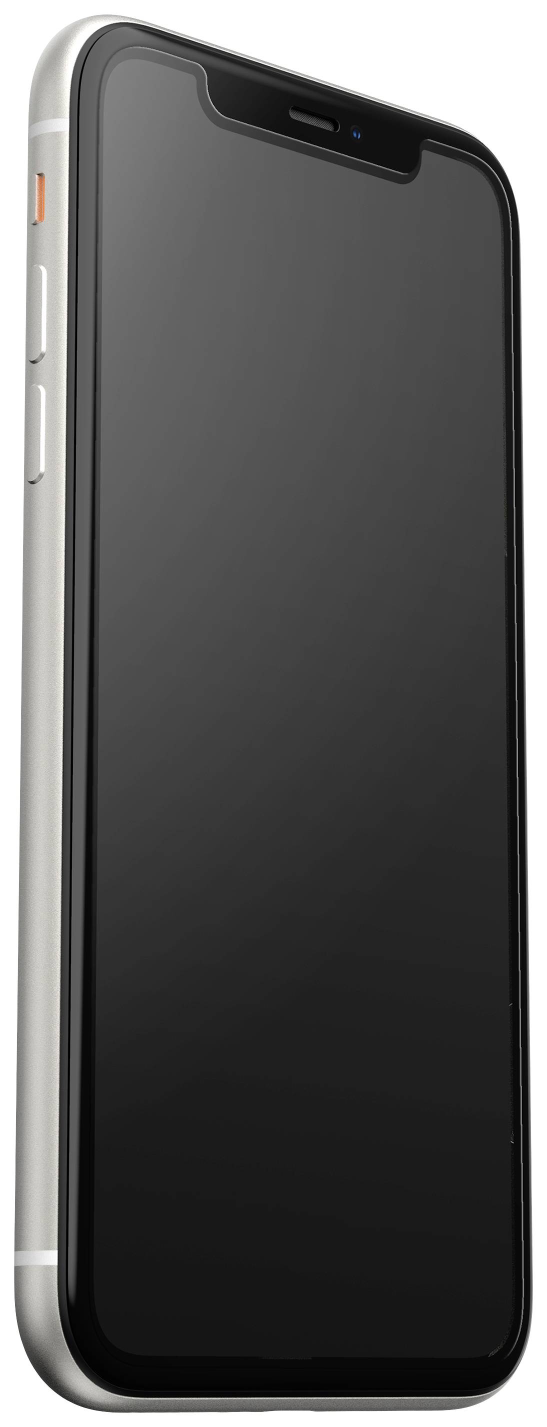 Smartphone s tmavě šedým displejem a tenkým stříbrným rámečkem, pohled z diagonály, bez zobrazených obsahů nebo oznámení.