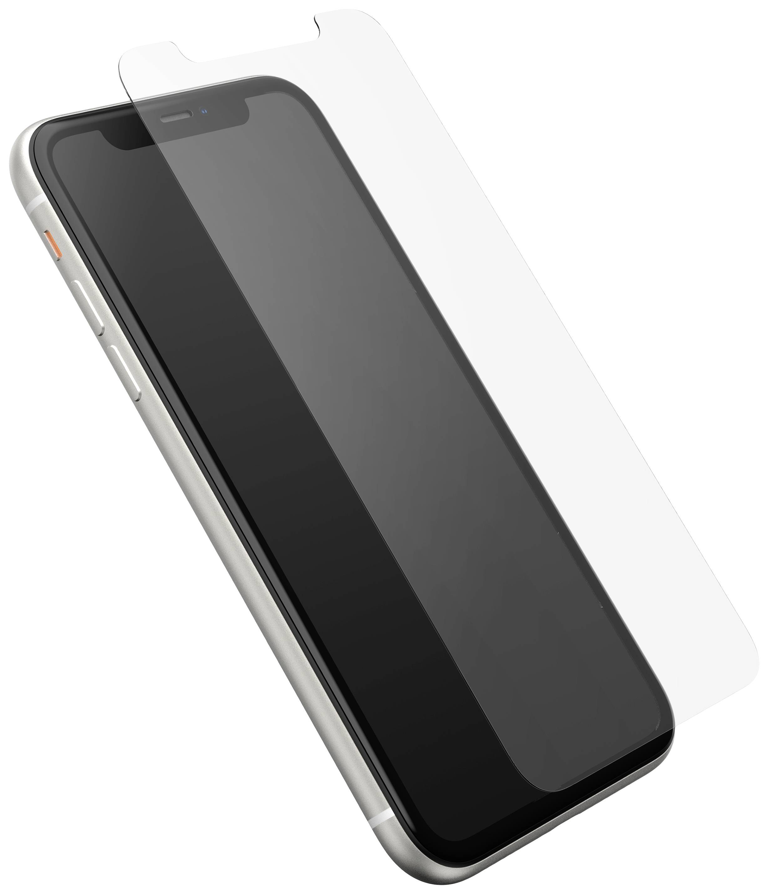 Mobilní telefon je zobrazen šikmo zepředu s ochrannou fólií displeje. Ochranná fólie je průhledná a lehce nadzvednutá.
