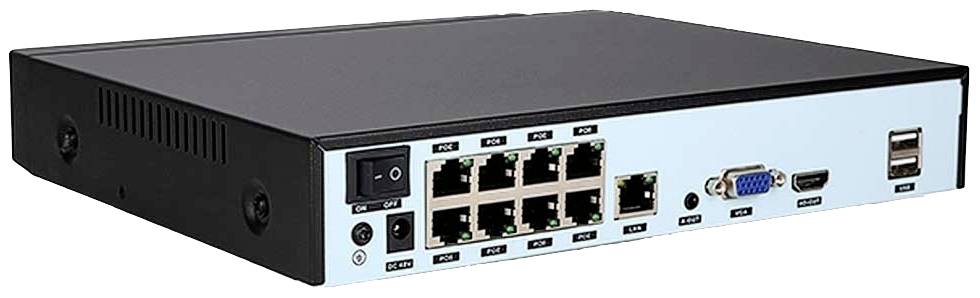 Černé síťové zařízení s několika ethernetovými porty, VGA portem a USB porty, vhodné pro kancelářské nebo domácí sítě.