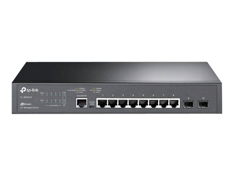 Černý síťový switch od TP-Linku s deseti ethernetovými porty a dvěma SFP porty, vhodný pro budování síťové infrastruktury.