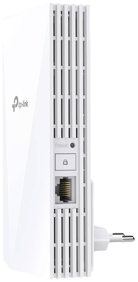 Repeater Wi-Fi od TP-Linku, bílý, s připojením do zásuvky, ethernetovým portem a tlačítkem WPS pro snadné připojení sítě.