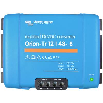 Modrý DC/DC měnič Victron Energy 'Orion-Tr 12 | 48- 8' se vstupními/výstupními svorkami a technickými specifikacemi.
