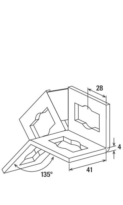 Diagram úhlu ve 3D s 135 stupni. Rozměry jsou 28 mm, 41 mm a 4 mm. Znázorňuje trojstranné zobrazení skládaného objektu.