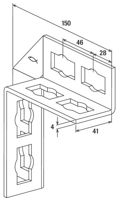 Technický výkres úhlového prvku s rozměry: 150 mm, 46 mm, 28 mm, 41 mm. Zobrazuje dvě nad sebou umístěné otvory.